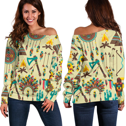 Tribal Indians Native American Aztec Off Shoulder Sweatshirt