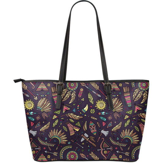 Tribal native american Aztec Large Leather Tote Bag