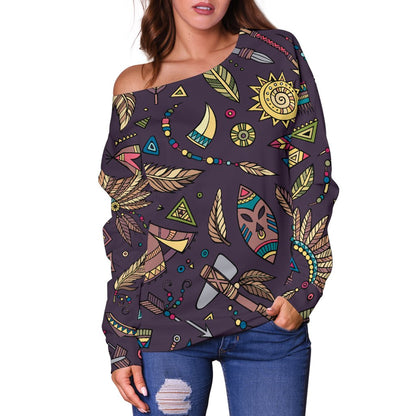 Tribal Native American Aztec Off Shoulder Sweatshirt
