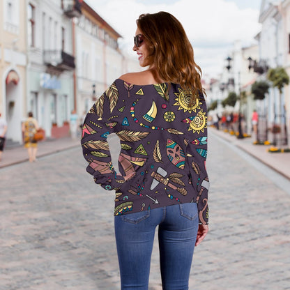 Tribal Native American Aztec Off Shoulder Sweatshirt