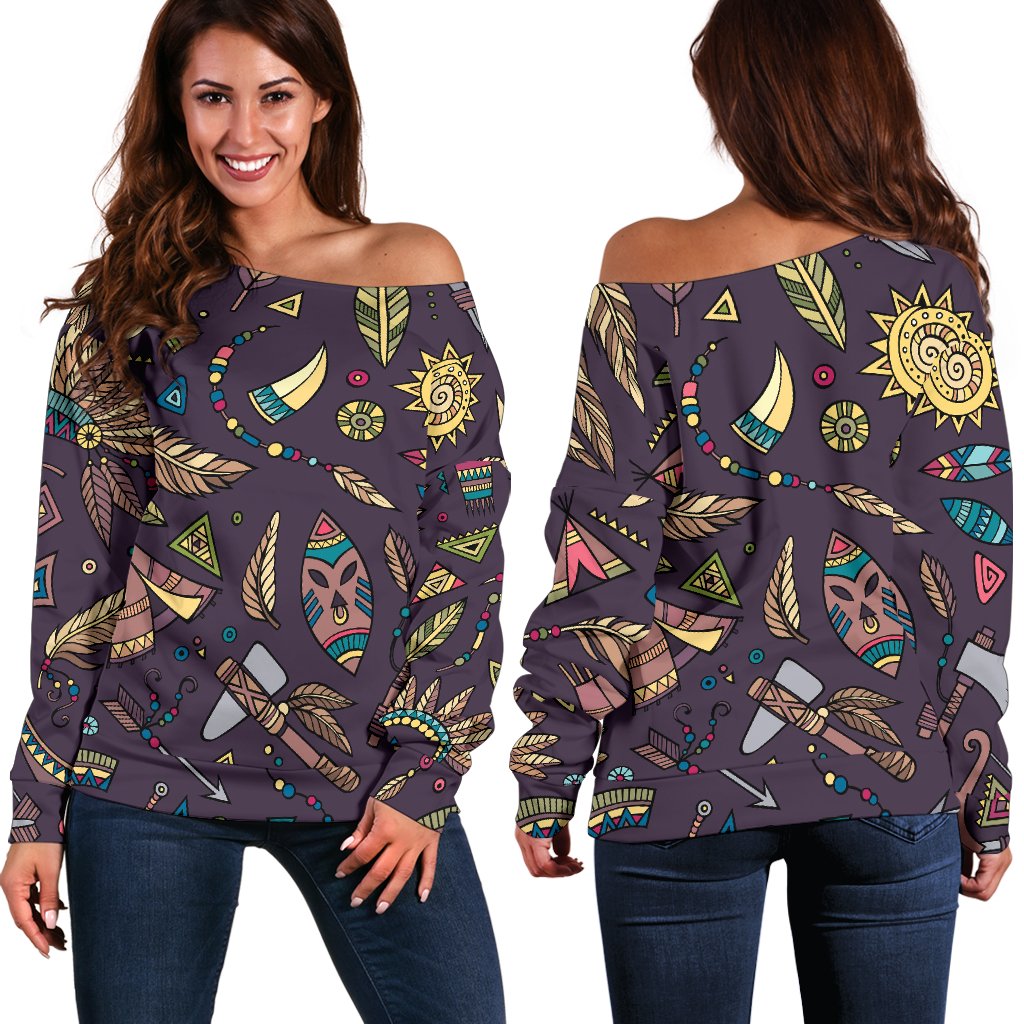 Tribal Native American Aztec Off Shoulder Sweatshirt