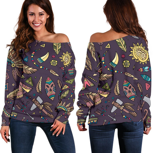 Tribal Native American Aztec Off Shoulder Sweatshirt