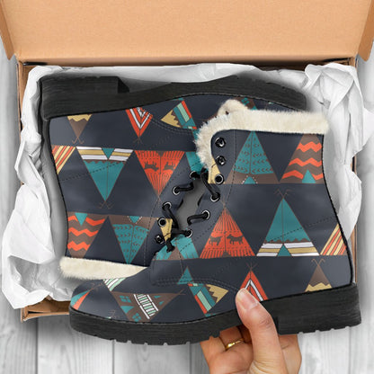 Tribal Native American Tent Aztec Faux Fur Leather Boots