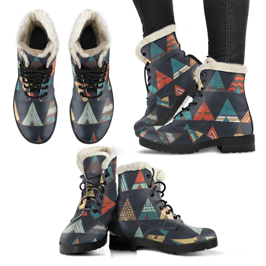 Tribal Native American Tent Aztec Faux Fur Leather Boots
