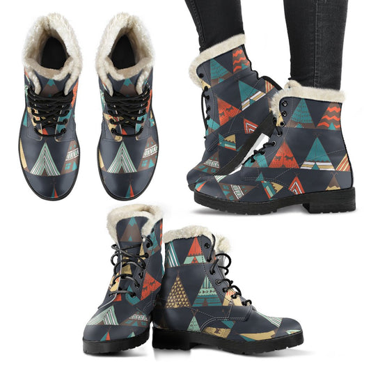 Tribal Native American Tent Aztec Faux Fur Leather Boots