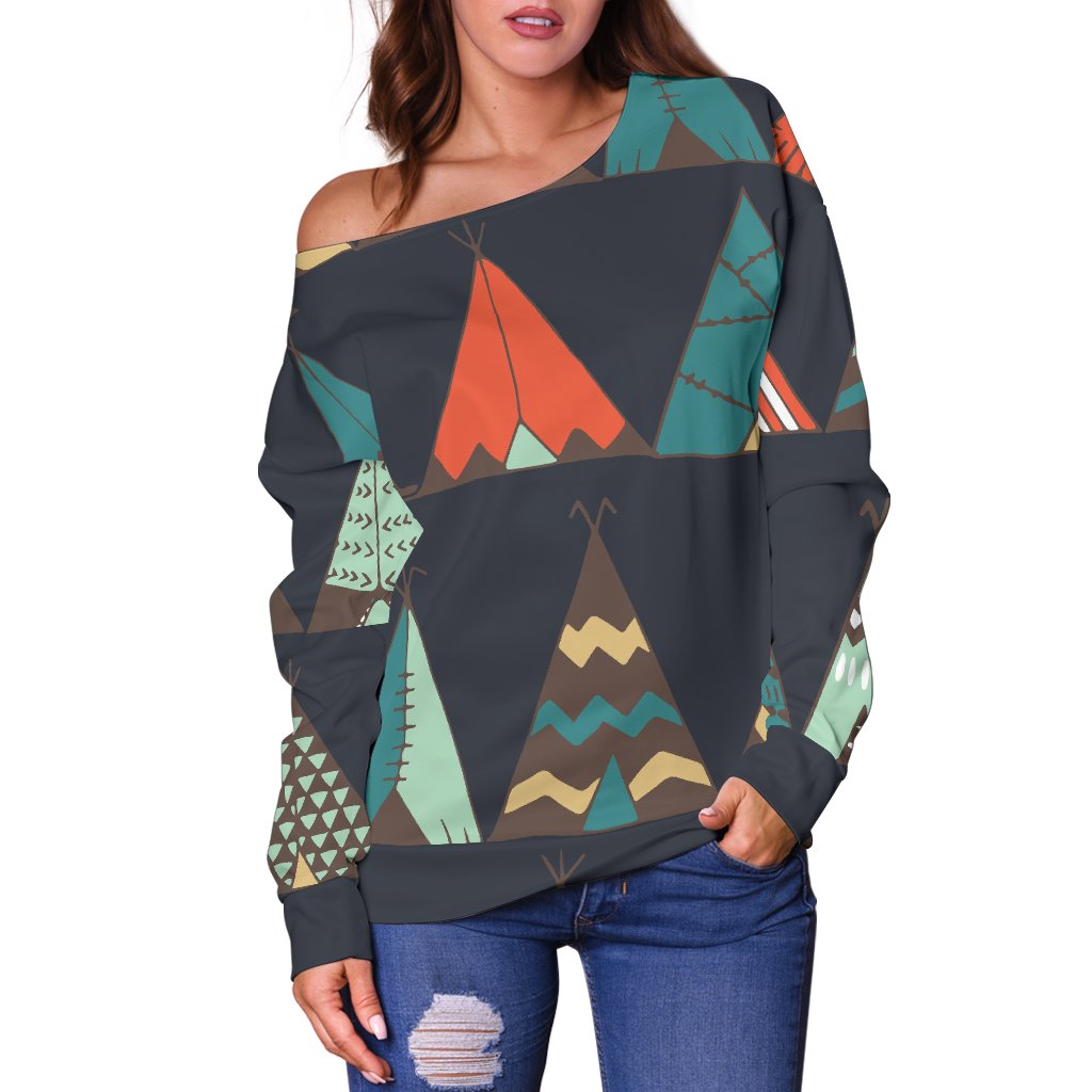 Tribal Native American Tent Aztec Off Shoulder Sweatshirt