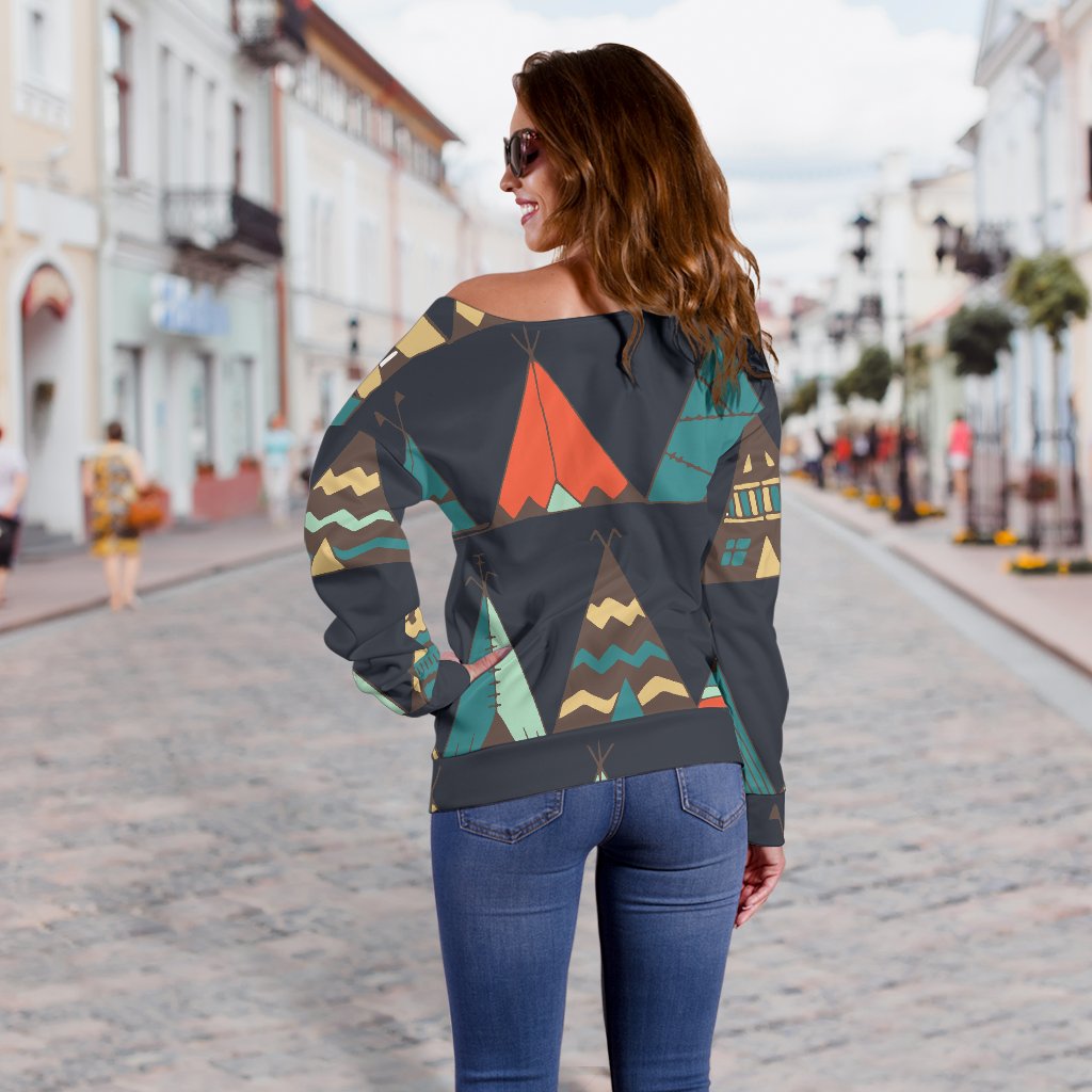 Tribal Native American Tent Aztec Off Shoulder Sweatshirt