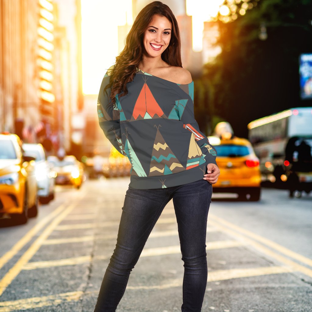 Tribal Native American Tent Aztec Off Shoulder Sweatshirt