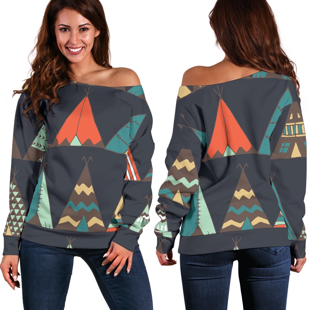 Tribal Native American Tent Aztec Off Shoulder Sweatshirt