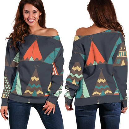 Tribal Native American Tent Aztec Off Shoulder Sweatshirt