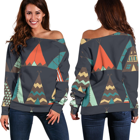 Tribal Native American Tent Aztec Off Shoulder Sweatshirt