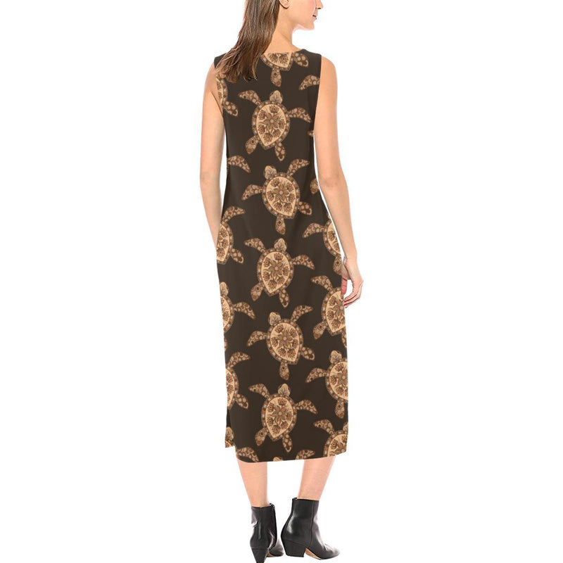 Tribal Sea Turtle Pattern Print Design T09 Sleeveless Open Fork Long Dress