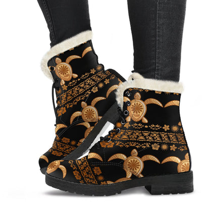 Tribal Sea Turtle Polynesian Hawaiian Faux Fur Leather Boots