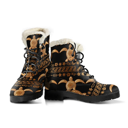 Tribal Sea Turtle Polynesian Hawaiian Faux Fur Leather Boots