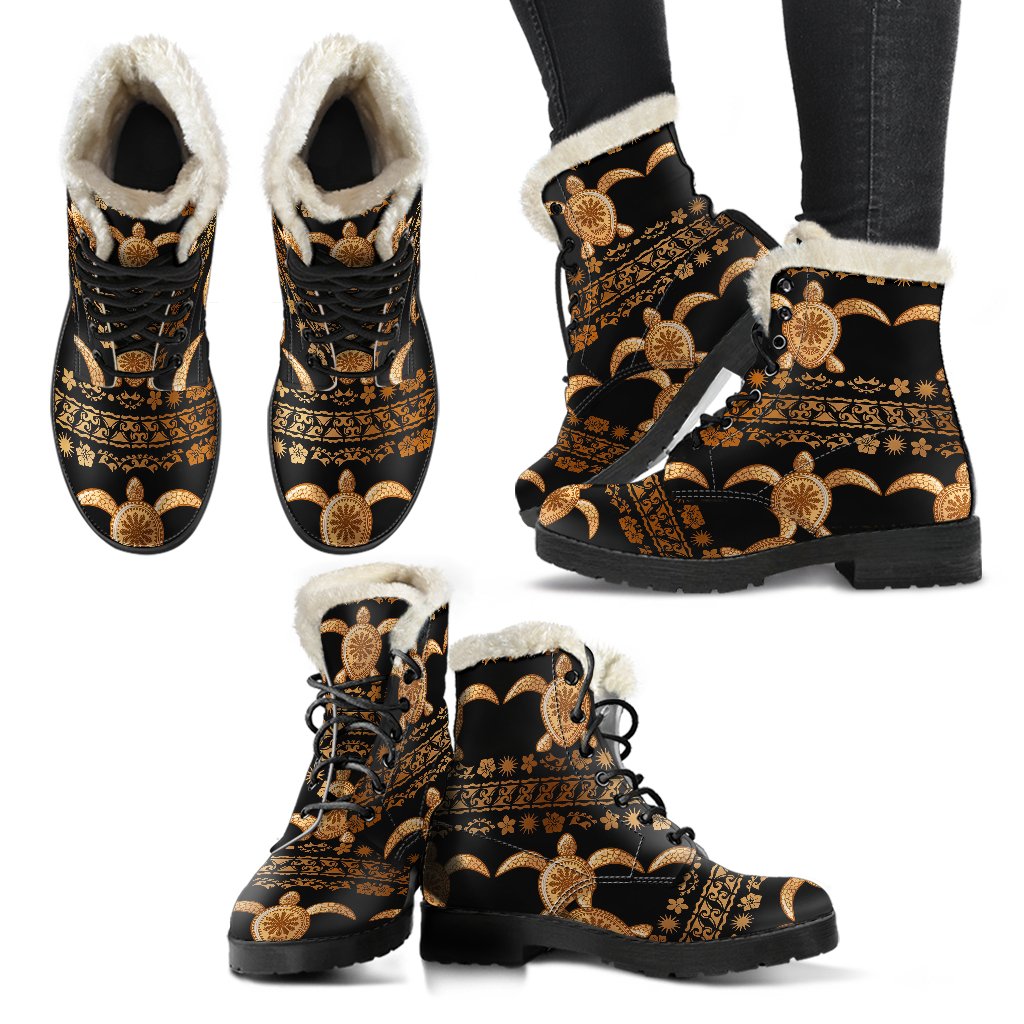 Tribal Sea Turtle Polynesian Hawaiian Faux Fur Leather Boots