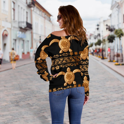 Tribal Sea Turtle Polynesian Hawaiian Off Shoulder Sweatshirt