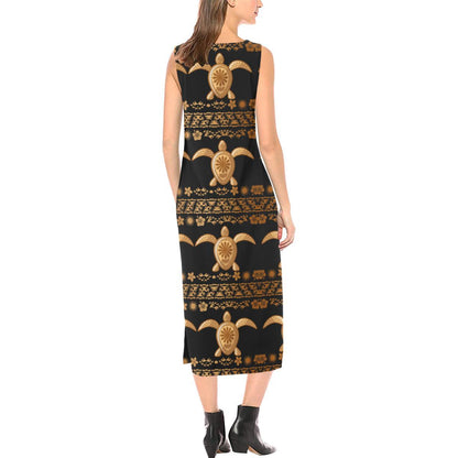 Tribal Sea turtle Polynesian Hawaiian Sleeveless Open Fork Long Dress