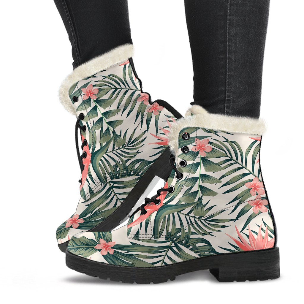 Tropical Flower Palm Leaves Faux Fur Leather Boots