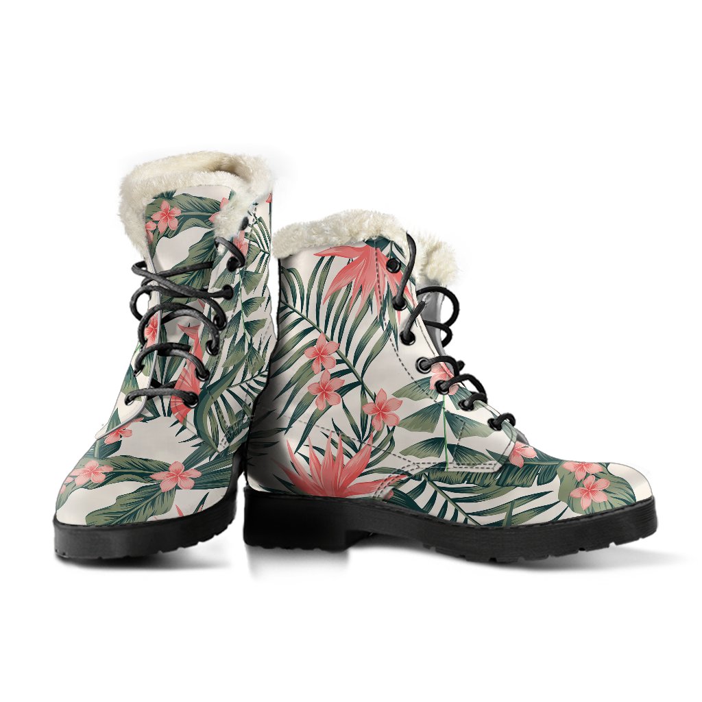 Tropical Flower Palm Leaves Faux Fur Leather Boots