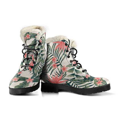 Tropical Flower Palm Leaves Faux Fur Leather Boots