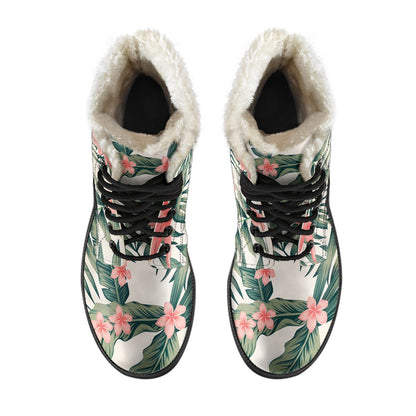 Tropical Flower Palm Leaves Faux Fur Leather Boots