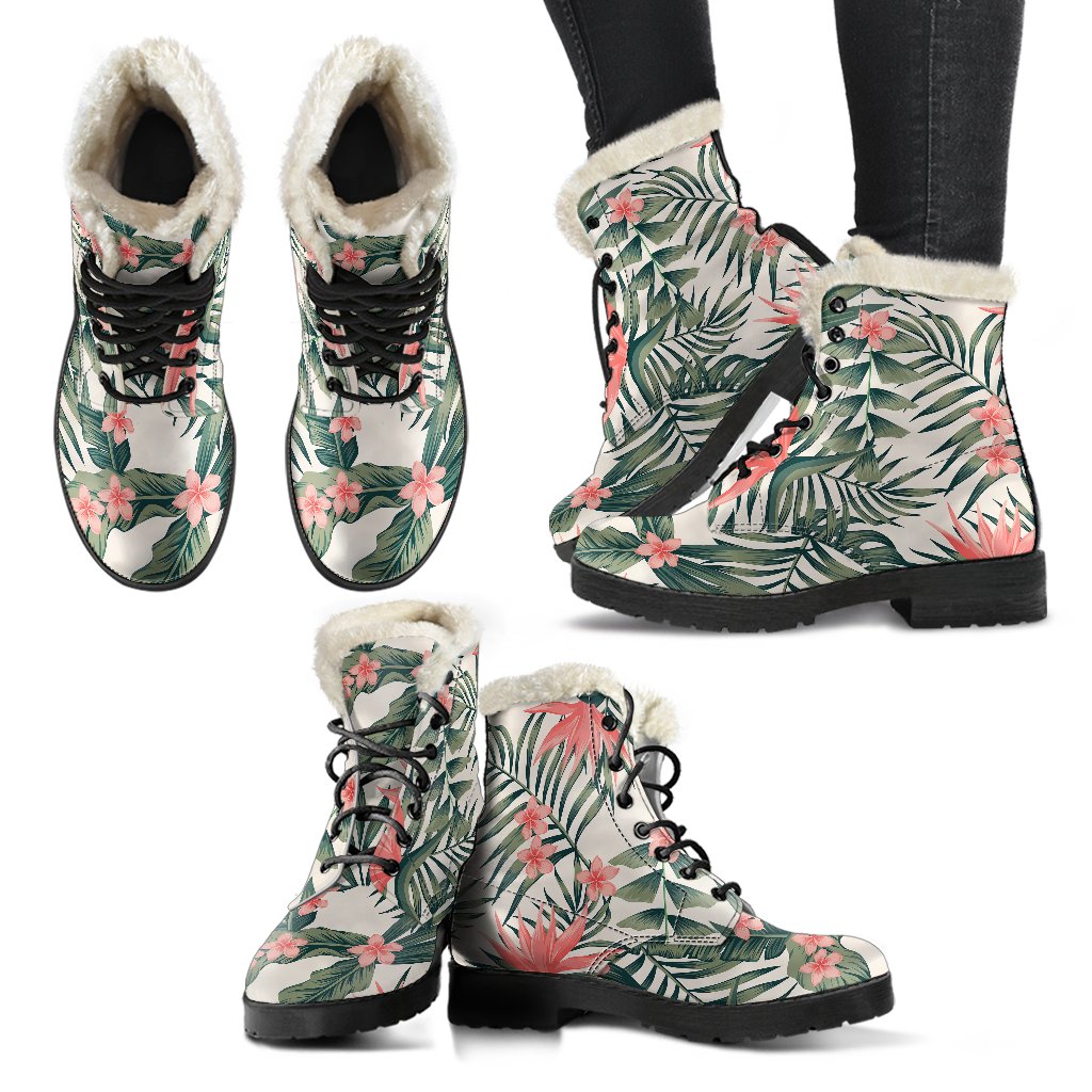 Tropical Flower Palm Leaves Faux Fur Leather Boots