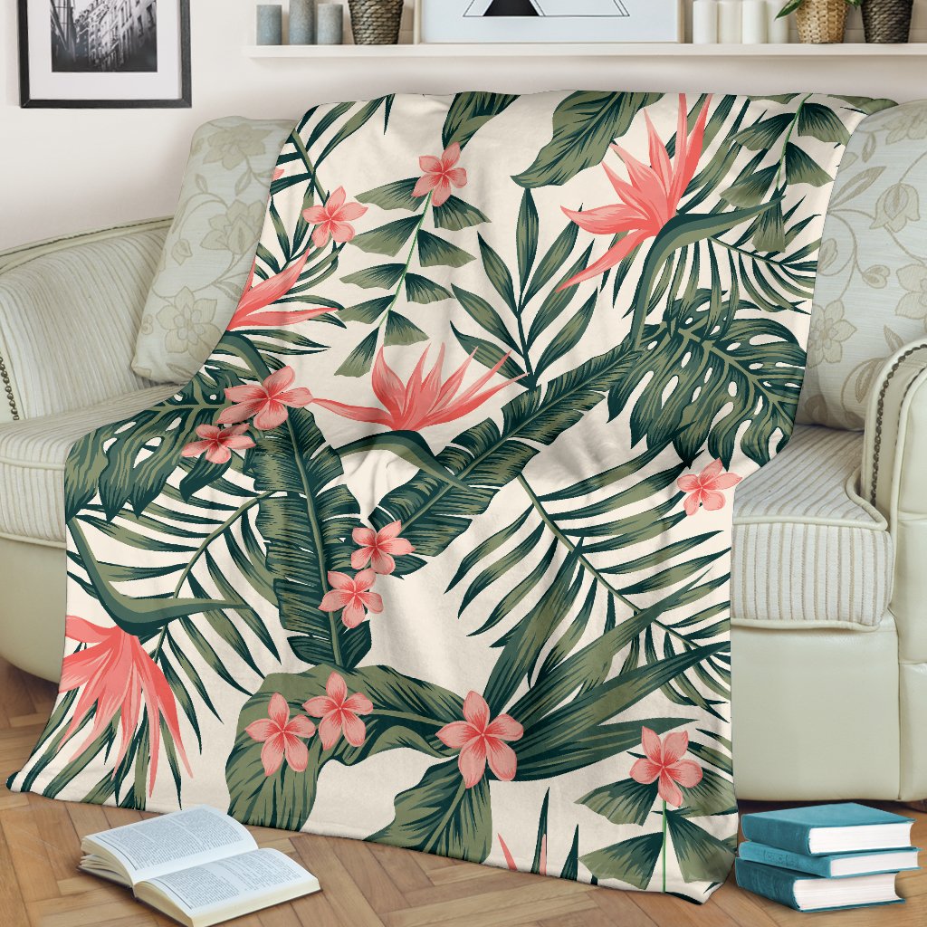 Tropical Flower Palm Leaves Fleece Blanket