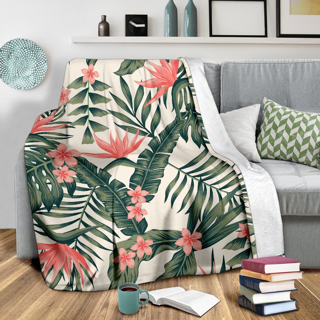 Tropical Flower Palm Leaves Fleece Blanket