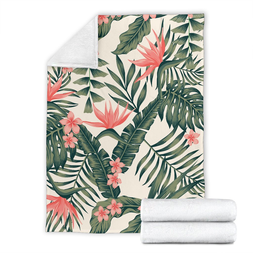 Tropical Flower Palm Leaves Fleece Blanket