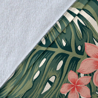 Tropical Flower Palm Leaves Fleece Blanket