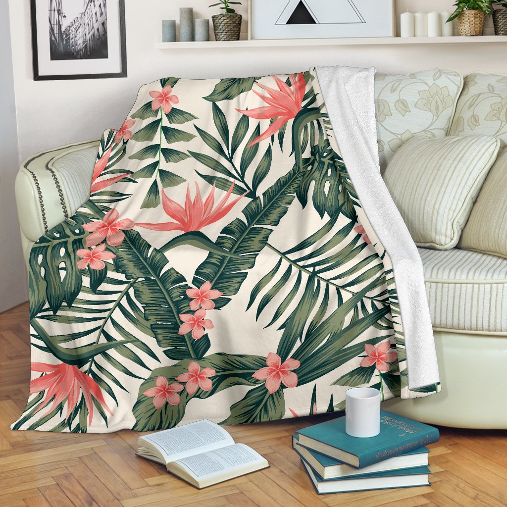 Tropical Flower Palm Leaves Fleece Blanket