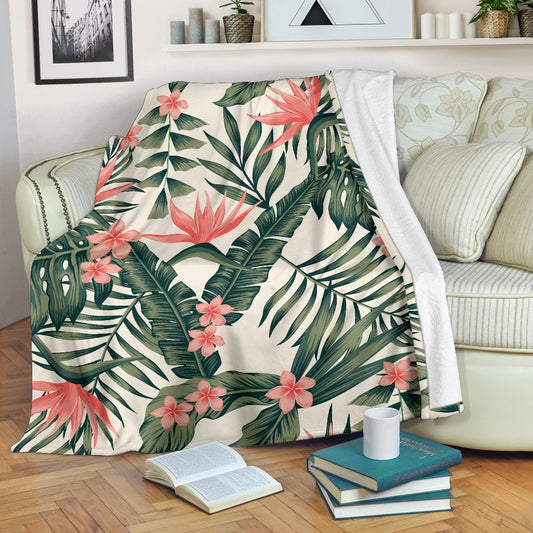Tropical Flower Palm Leaves Fleece Blanket