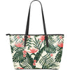 Tropical Flower Palm Leaves Large Leather Tote Bag