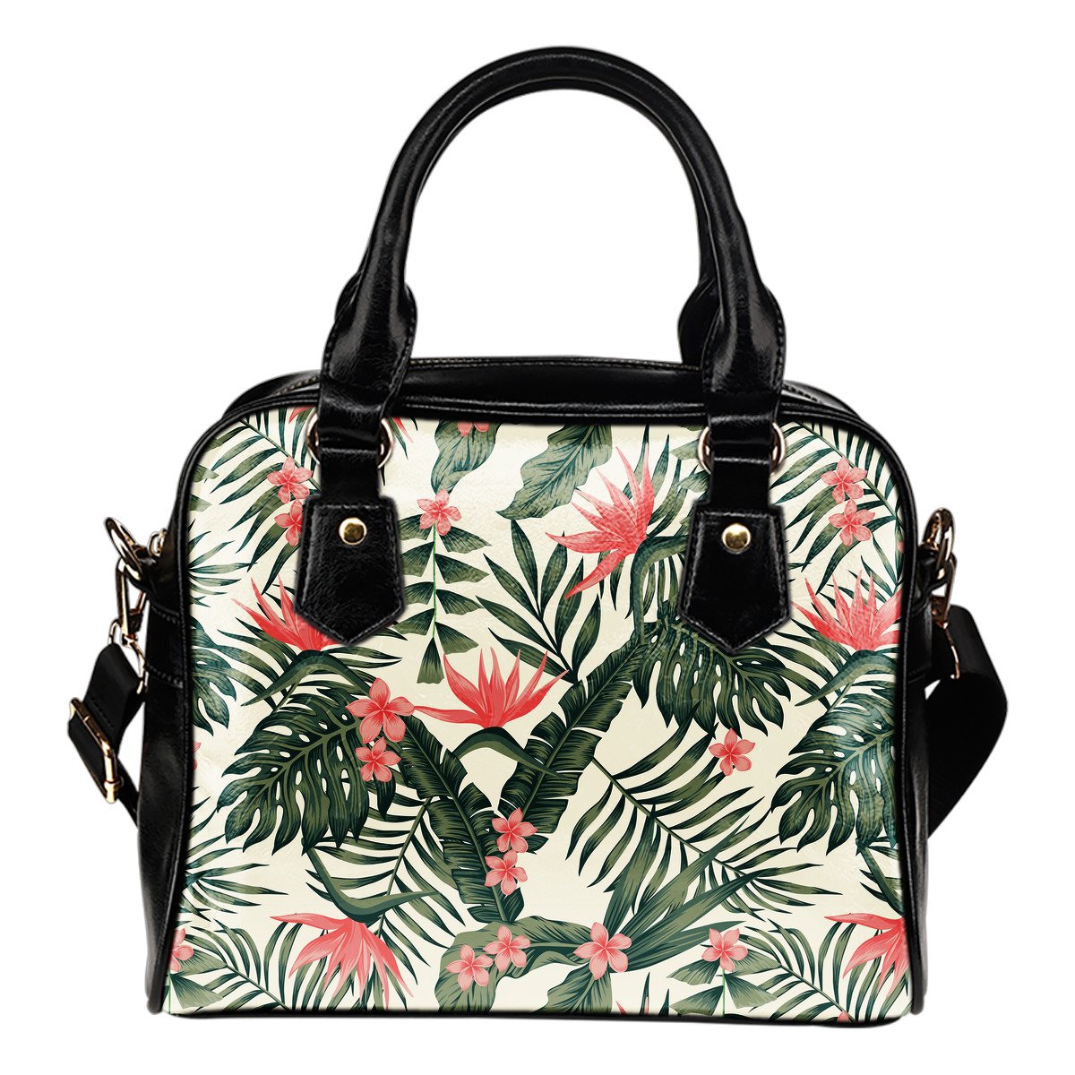 Tropical Flower Palm Leaves Leather Shoulder Handbag