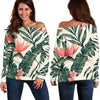 Tropical Flower Palm Leaves Off Shoulder Sweatshirt