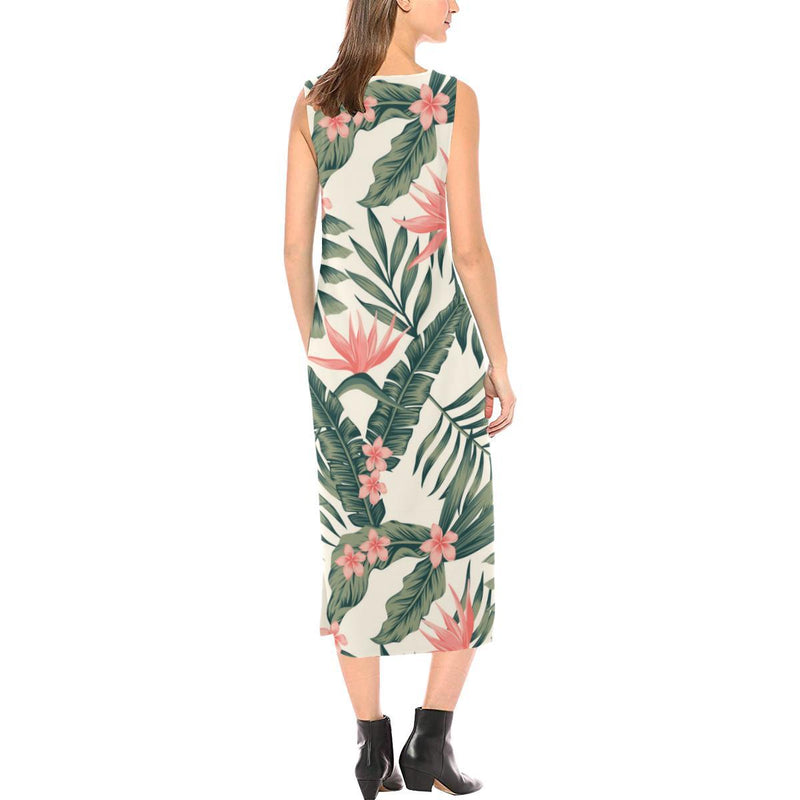 Tropical Flower Palm Leaves Sleeveless Open Fork Long Dress