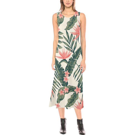 Tropical Flower Palm Leaves Sleeveless Open Fork Long Dress
