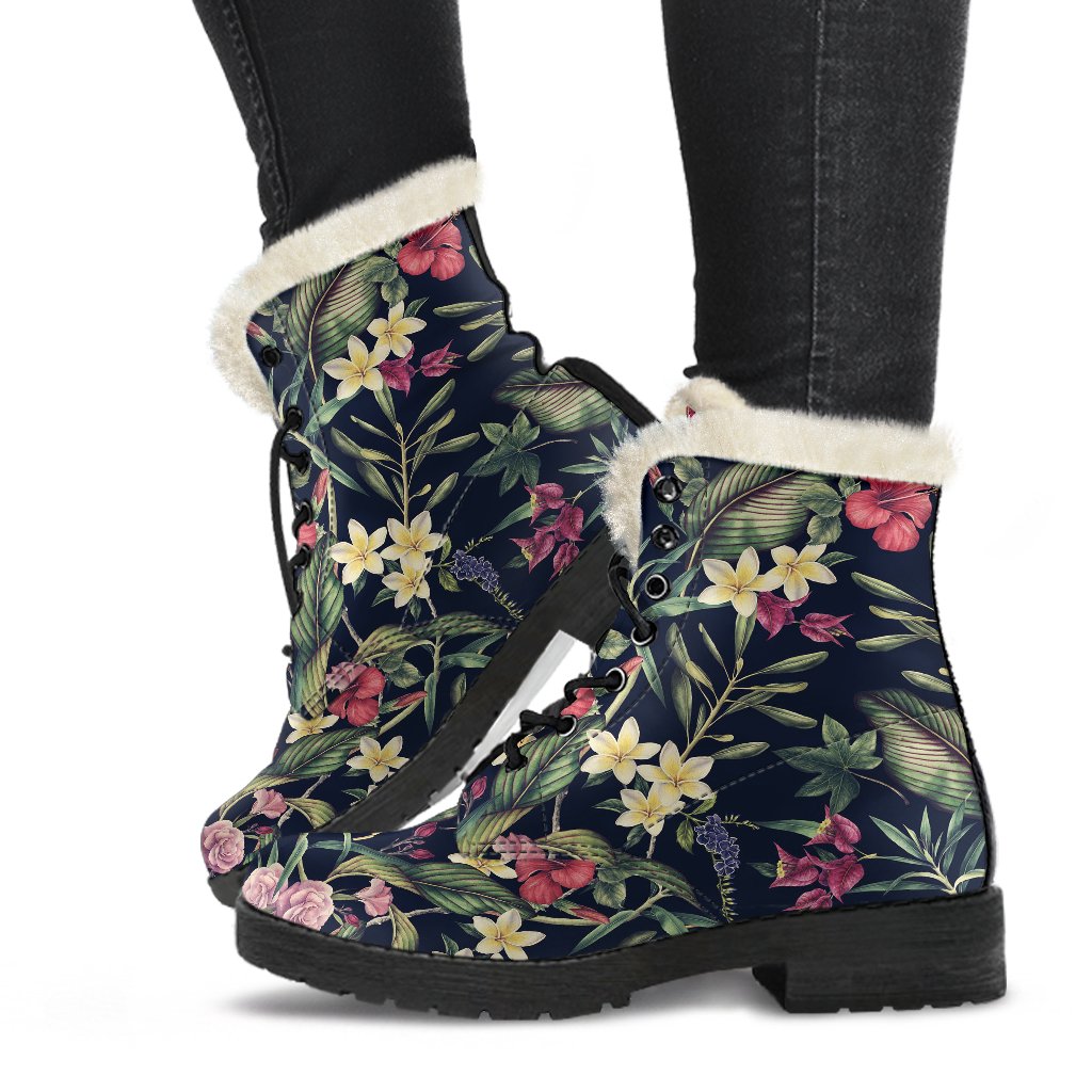 Tropical Flower Pattern Faux Fur Leather Boots