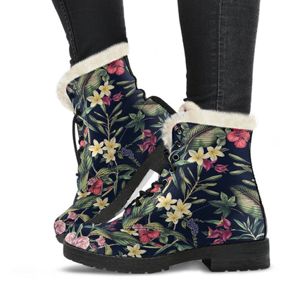 Tropical Flower Pattern Faux Fur Leather Boots