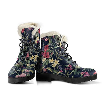 Tropical Flower Pattern Faux Fur Leather Boots