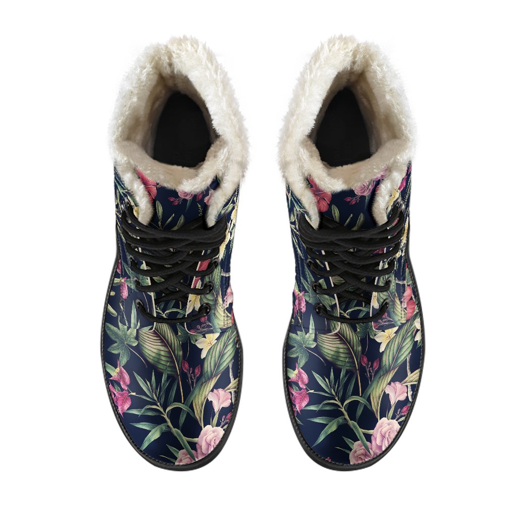 Tropical Flower Pattern Faux Fur Leather Boots