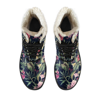 Tropical Flower Pattern Faux Fur Leather Boots
