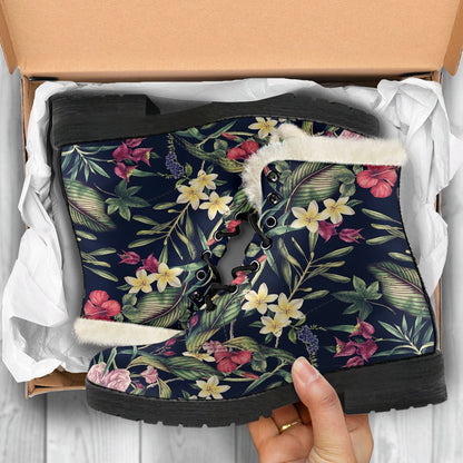Tropical Flower Pattern Faux Fur Leather Boots