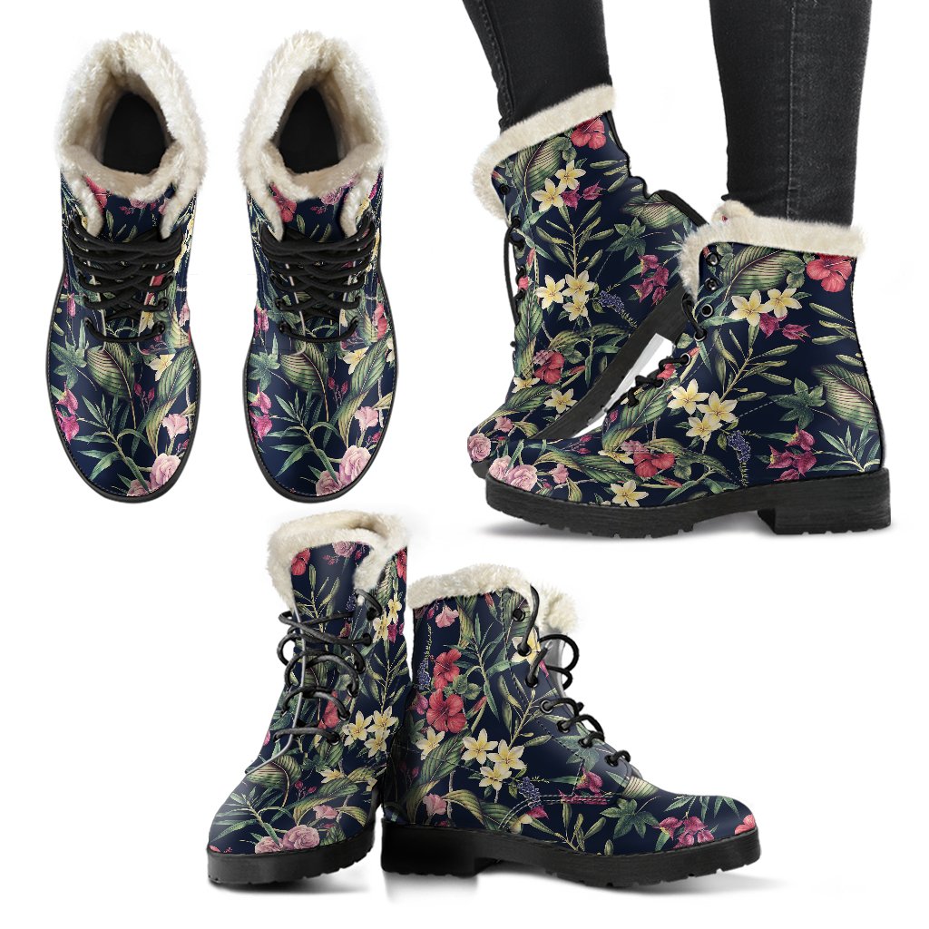 Tropical Flower Pattern Faux Fur Leather Boots