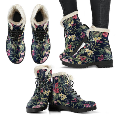 Tropical Flower Pattern Faux Fur Leather Boots
