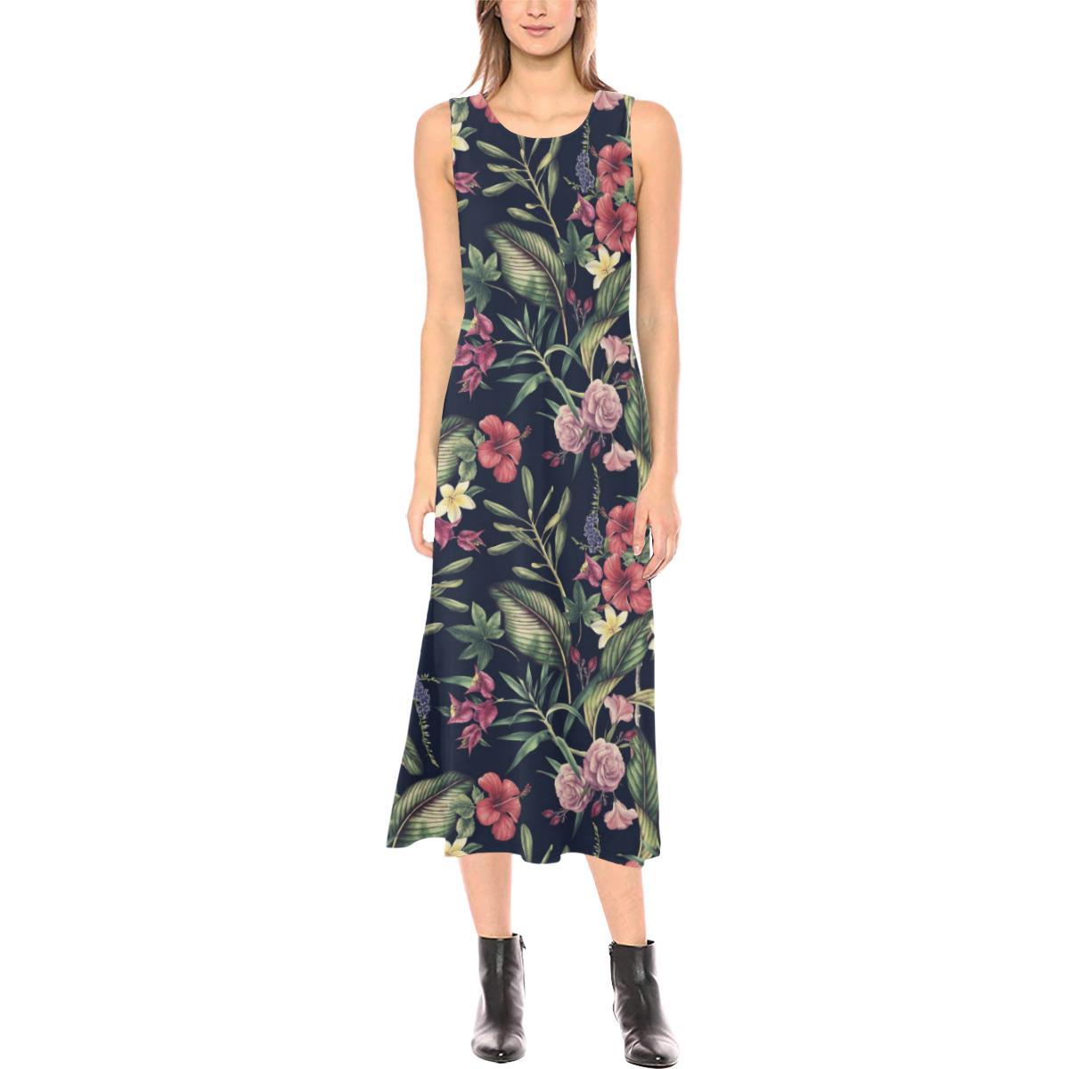 Tropical Flower Pattern Sleeveless Open Fork Long Dress