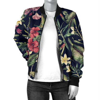Tropical Flower Pattern Women Casual Bomber Jacket
