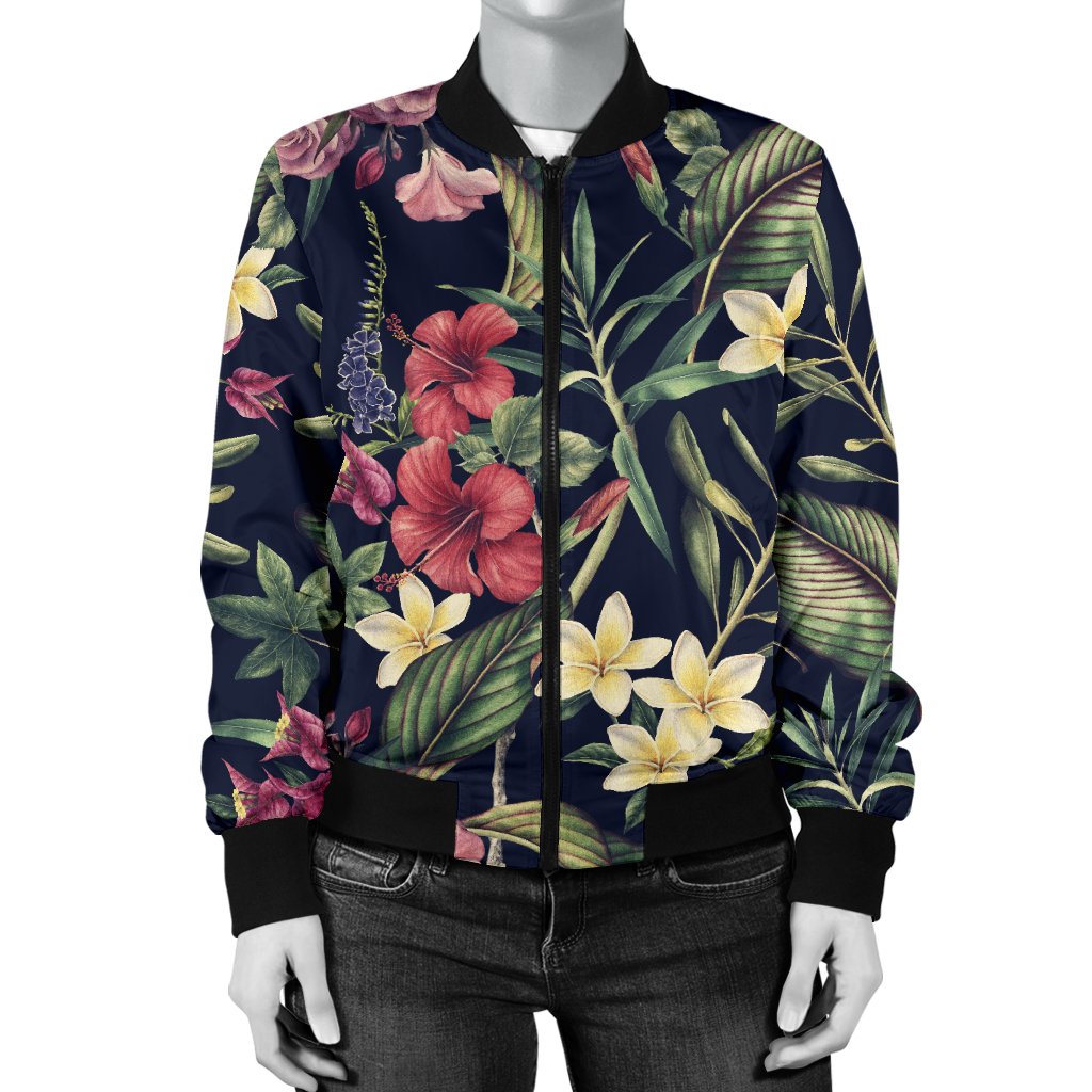 Tropical Flower Pattern Women Casual Bomber Jacket