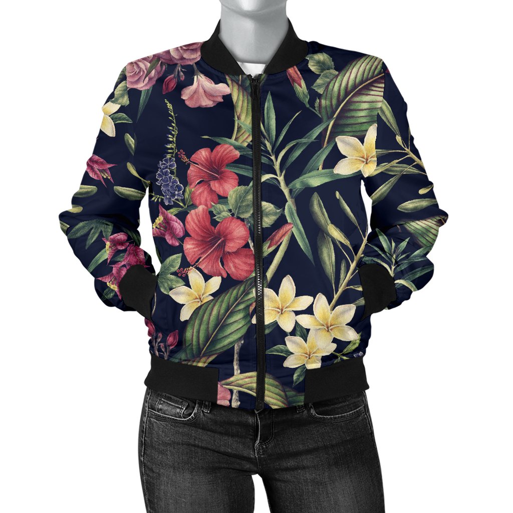 Tropical Flower Pattern Women Casual Bomber Jacket