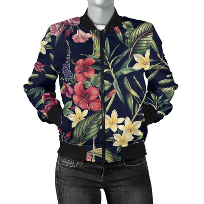 Tropical Flower Pattern Women Casual Bomber Jacket